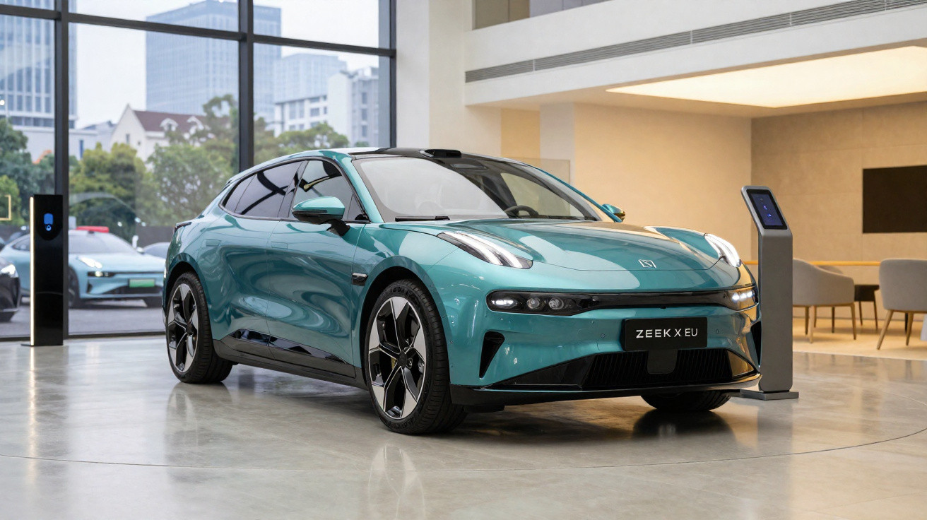 Carro elétrico verde metálico Zeekr X estacionado em showroom moderno com grandes janelas e poltronas grises.