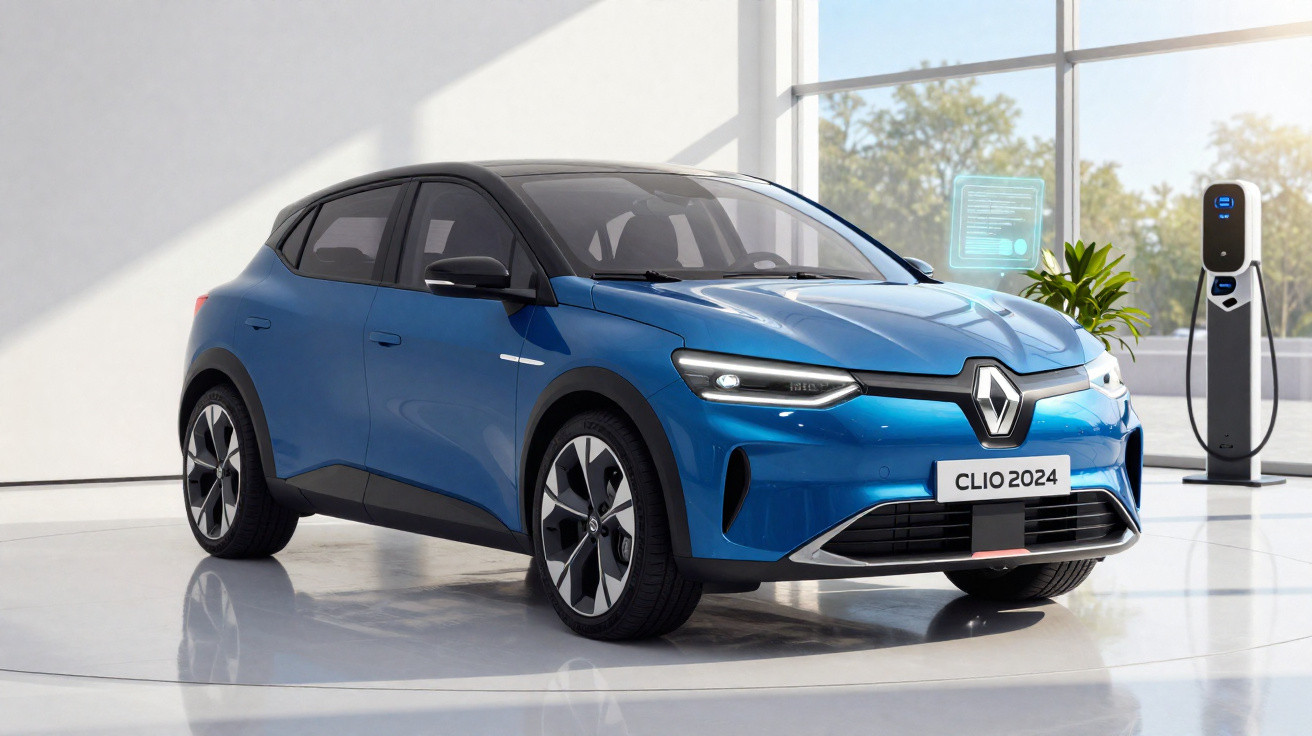 Carro elétrico azul Renault Clio 2024 estacionado em ambiente interno próximo a estação de recarga.
