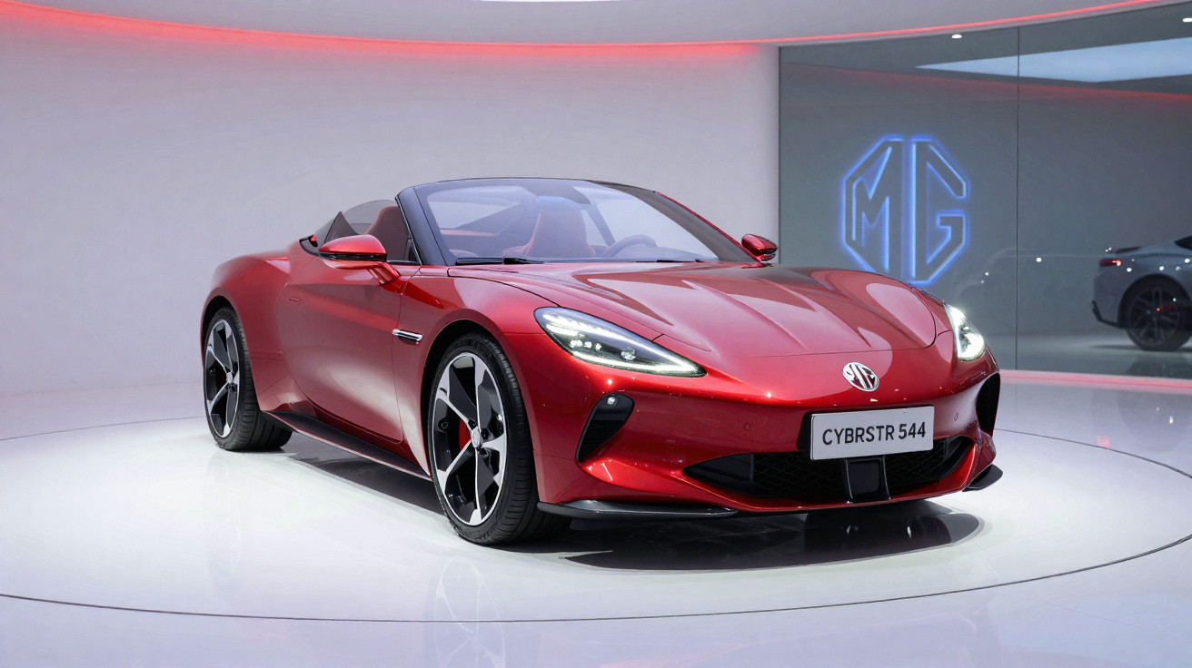 Carro esportivo conversível vermelho MG Cybrstr 544 exibido em showroom moderno.