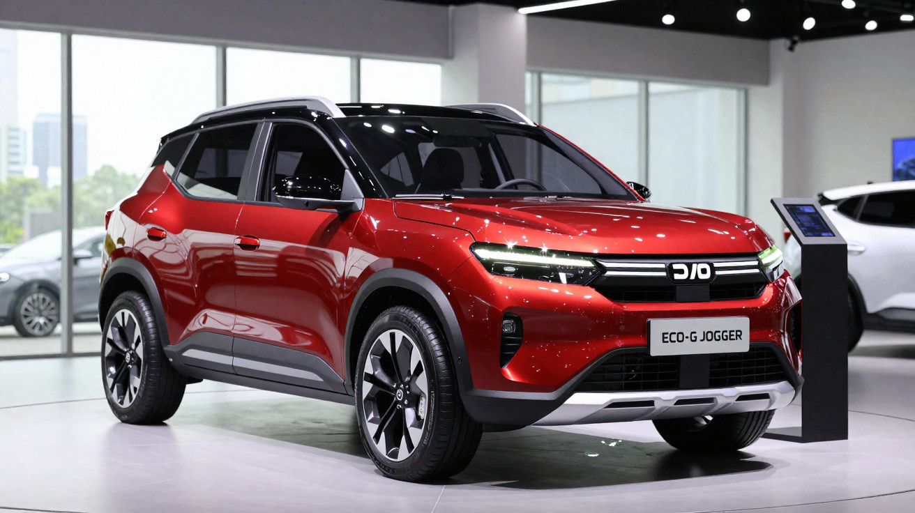 SUV vermelho DFM Eco-G Jogger exposto em showroom moderno com iluminação branca.