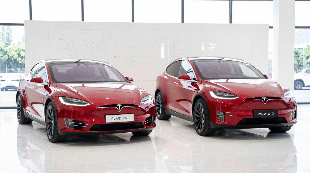 Dois carros elétricos Tesla vermelhos modelo Plaid exibidos em showroom moderno e iluminado.