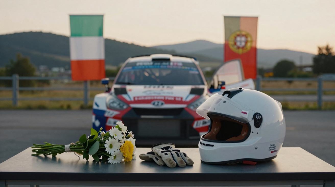 Capacete, luvas e flores sobre mesa, carro de rali ao fundo com bandeiras da Itália e Portugal.