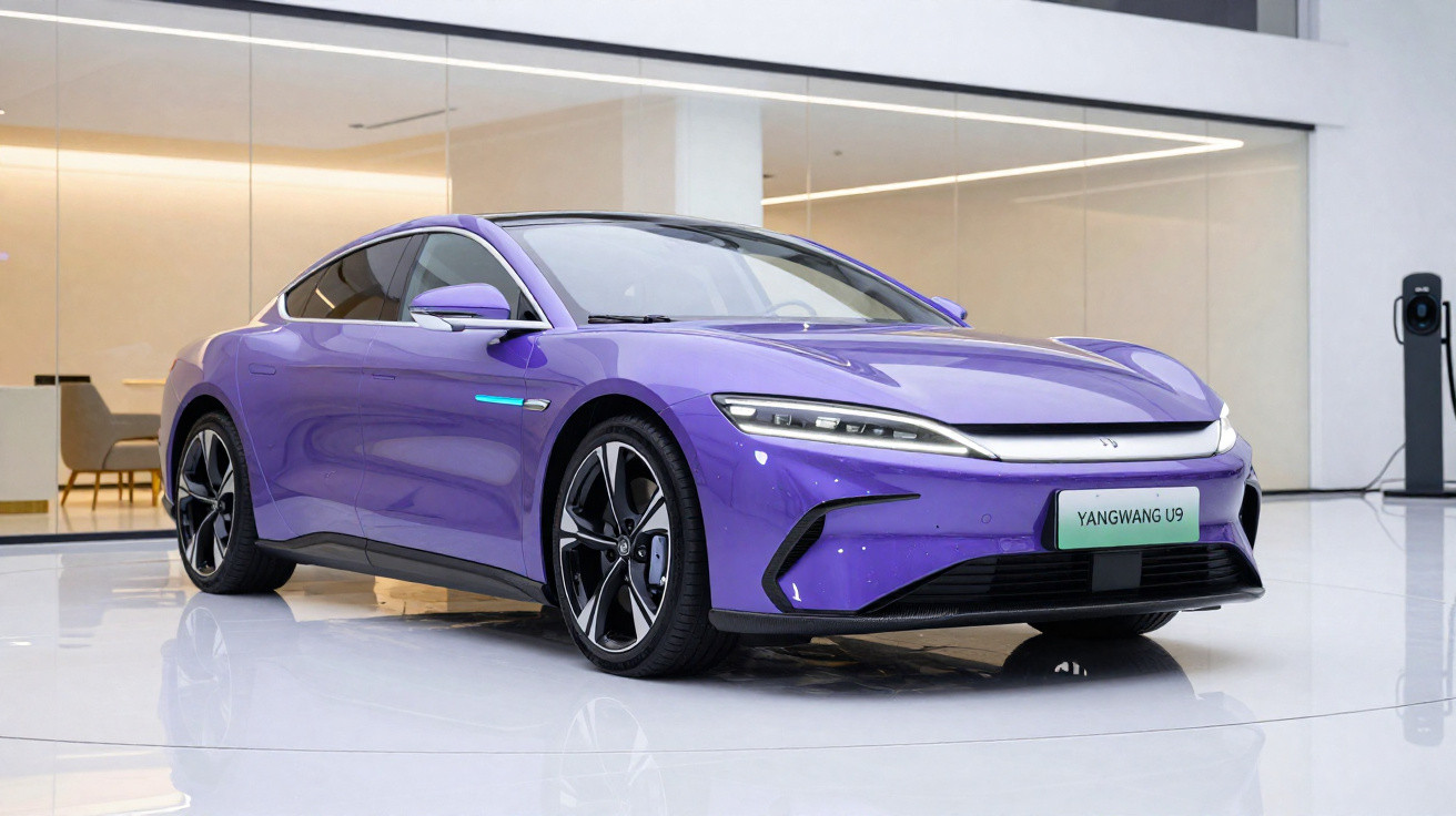 Carro elétrico esportivo sedã compacto roxo em showroom moderno com piso branco brilhante.