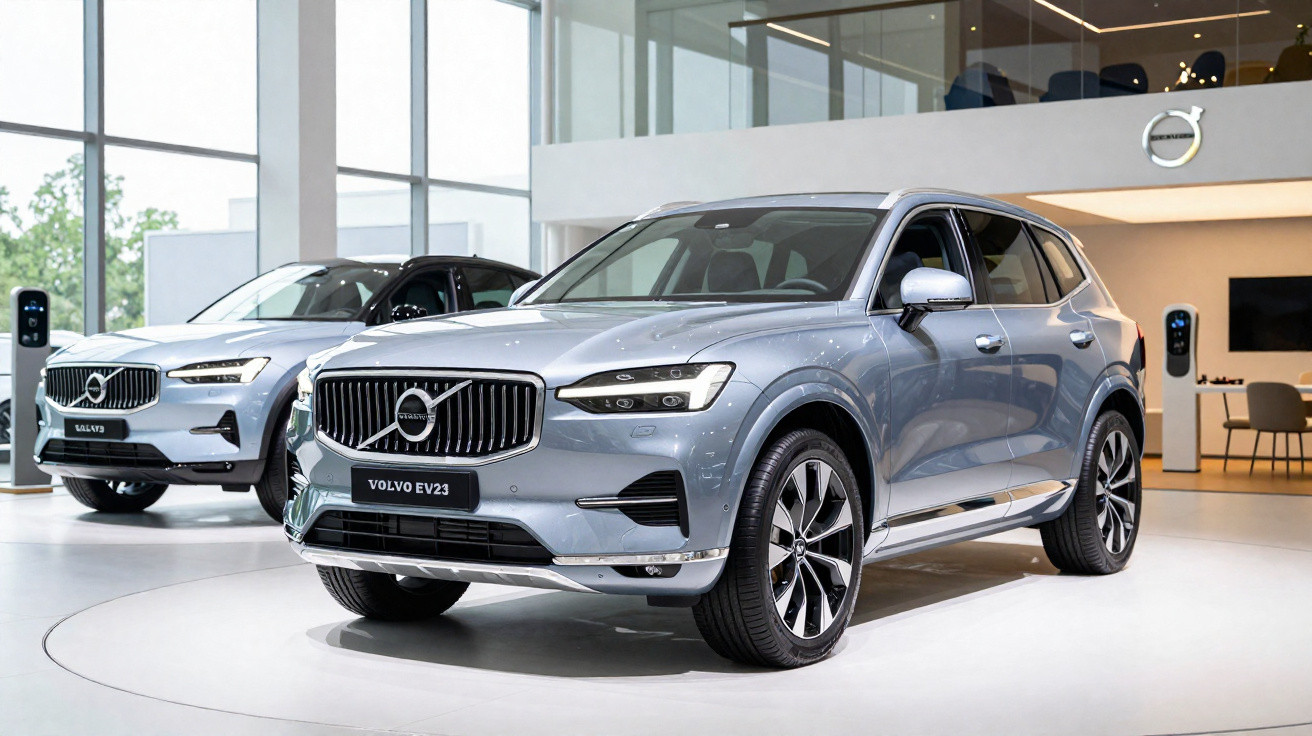 Dois carros elétricos Volvo modelo EV e SUV expostos em showroom moderno e iluminado.