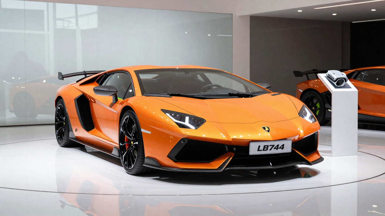Carro esportivo Lamborghini laranja modelo LB744 em exposição com iluminação interna branca.