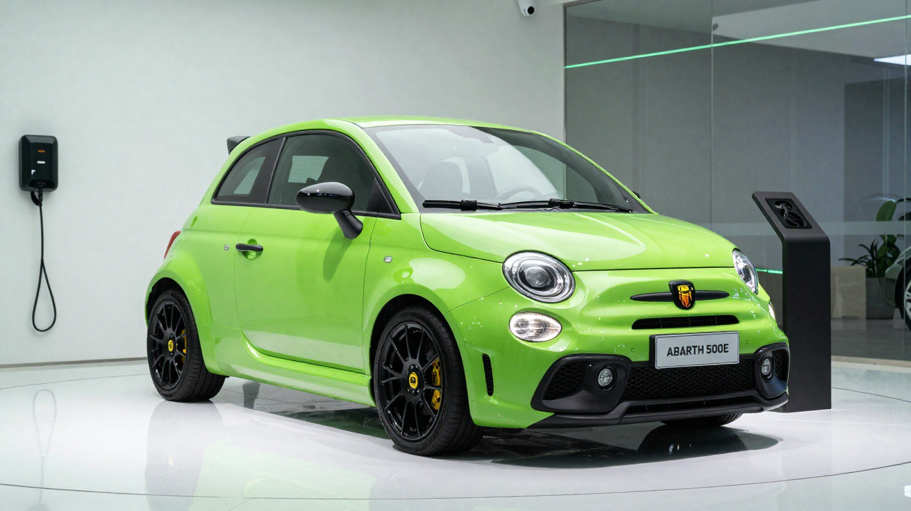 Carro elétrico Abarth 500e verde limão em exposição, ambiente moderno e carregador ao lado.