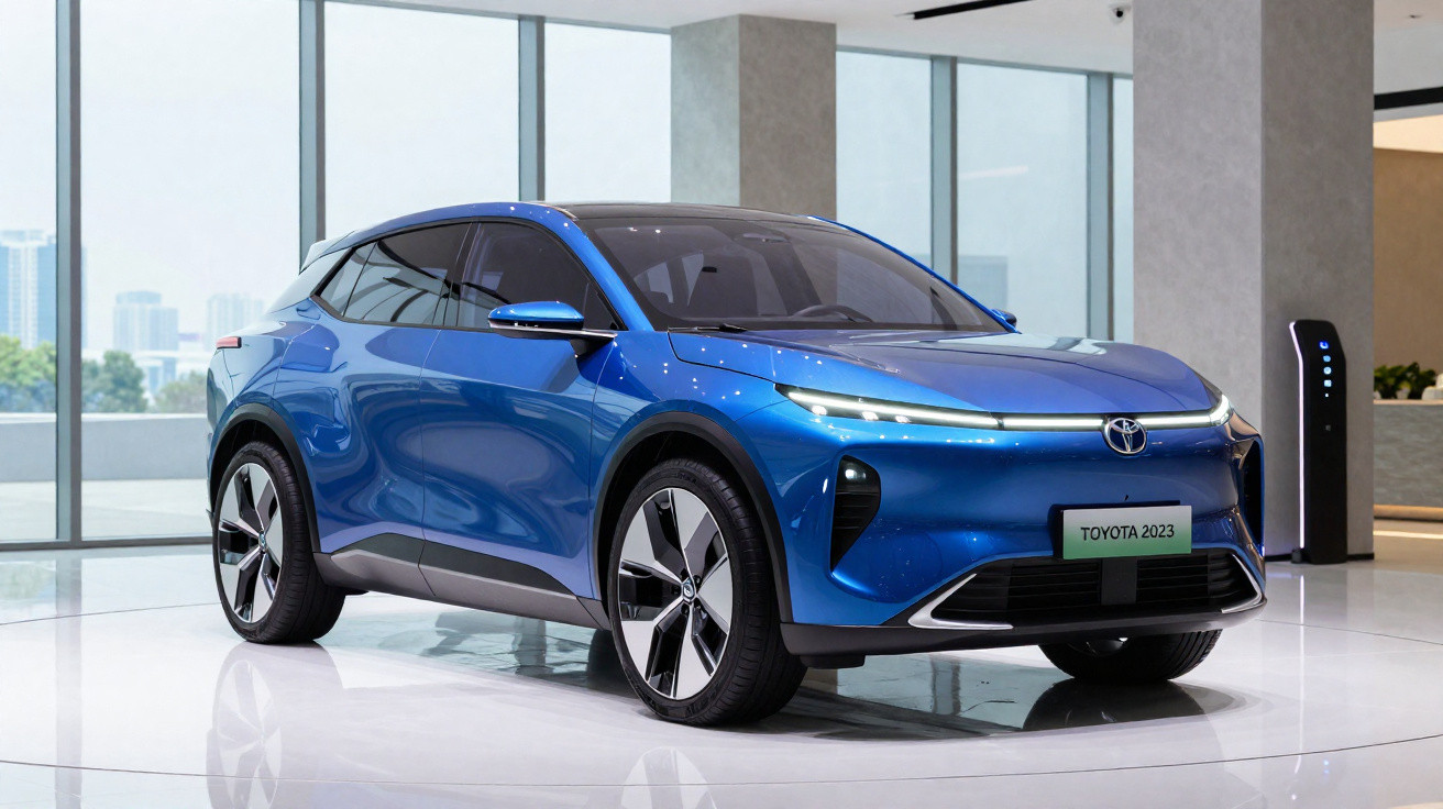 Carro elétrico azul Toyota 2023 exibido em ambiente interno moderno com grandes janelas.