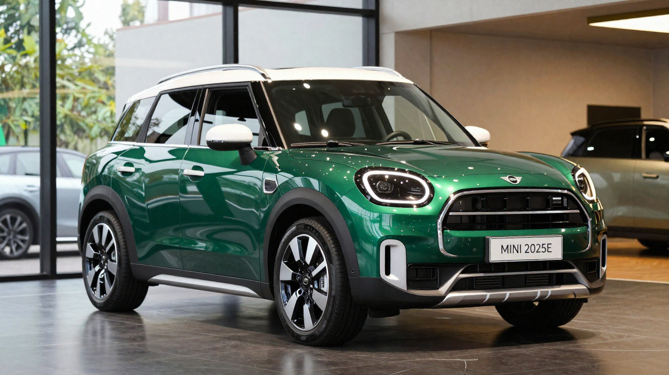 Carro MINI 2025E verde com teto branco em showroom moderno com piso cinza.