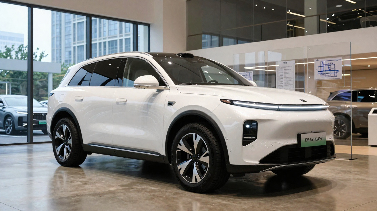 Carro elétrico SUV branco exibido em showroom moderno com piso de concreto e janelas amplas.