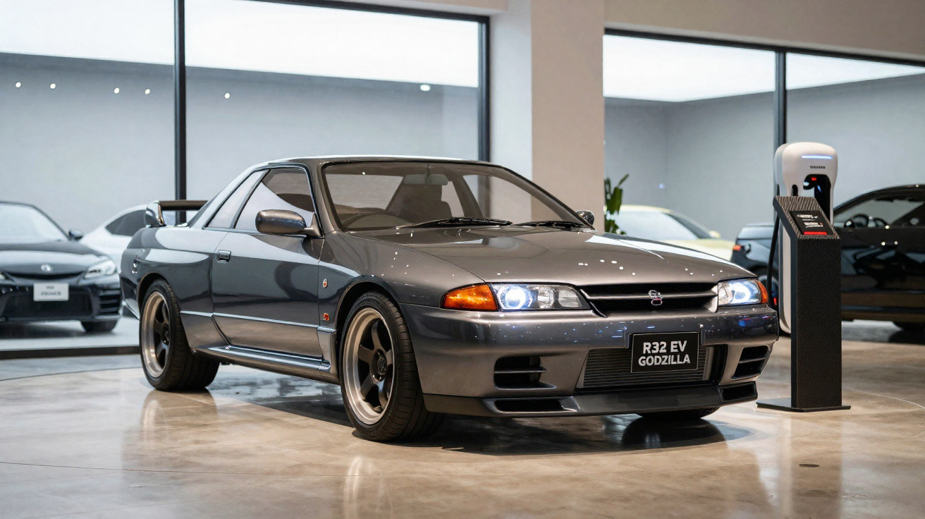 Carro esportivo cinza Nissan R32 EV Godzilla estacionado em ambiente interno moderno com parede e janelas de vidro.