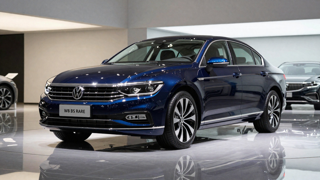 Sedã Volkswagen azul escuro modelo W8 B5 RARE exibido em salão de carros moderno e iluminado.