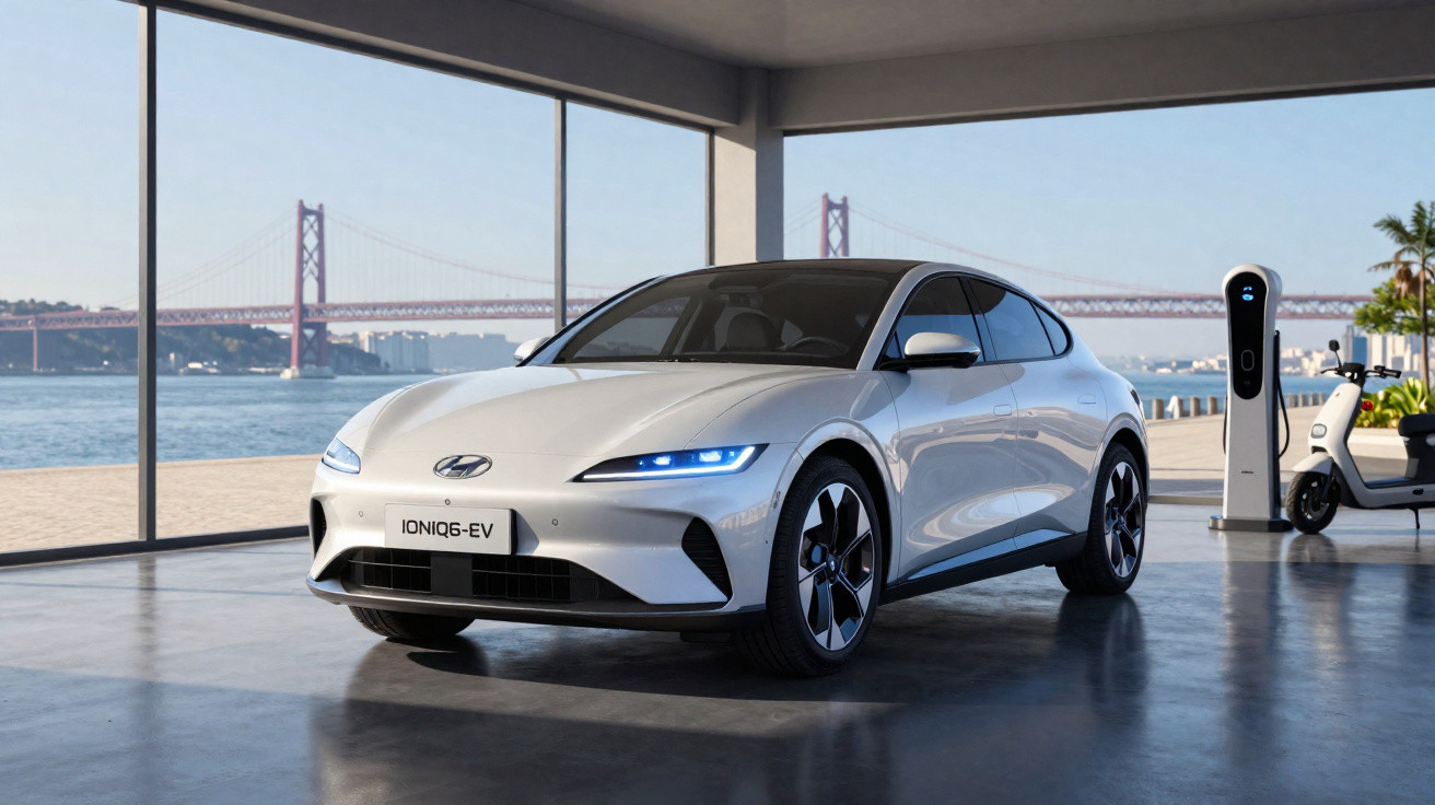 Carro elétrico branco Hyundai Ioniq 6 estacionado em garagem com vista para ponte e estação de recarga.