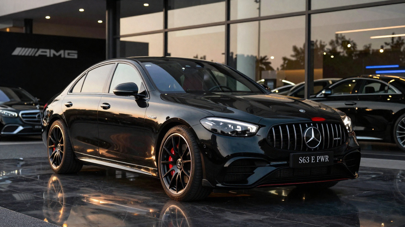Carro sedan esportivo Mercedes-Benz preto estacionado, com rodas pretas e detalhes vermelhos, em showroom.