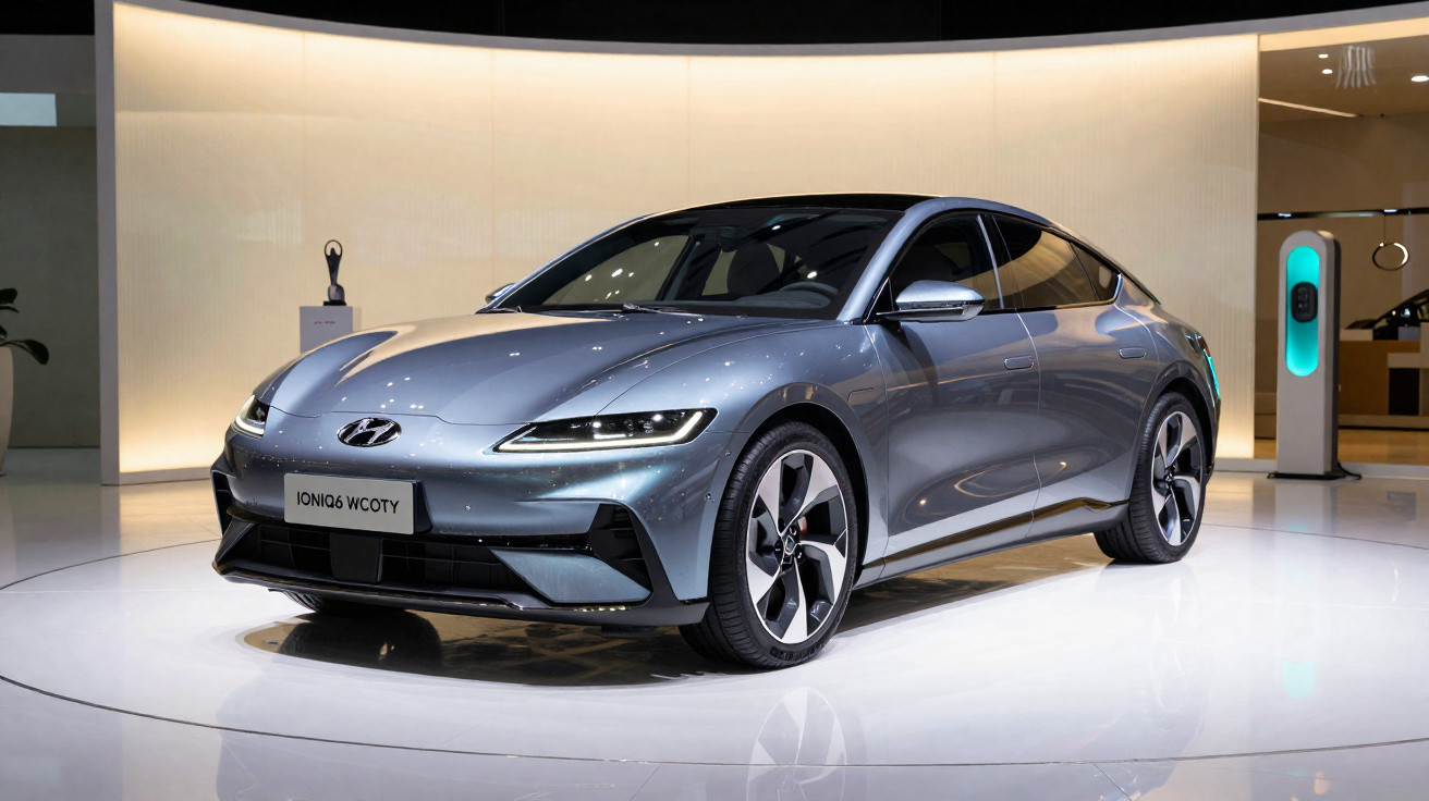 Carro elétrico Hyundai Ioniq 6 azul exibido em showroom moderno com iluminação suave.