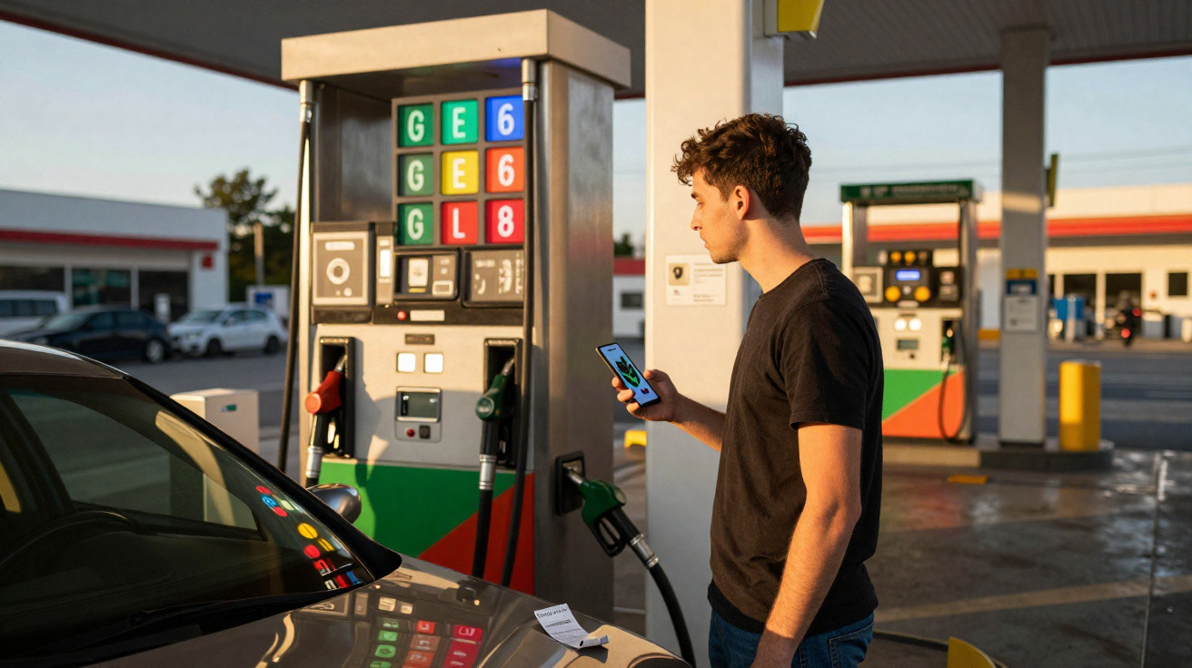 Homem abastecendo carro em posto de gasolina enquanto olha para celular ao pôr do sol.
