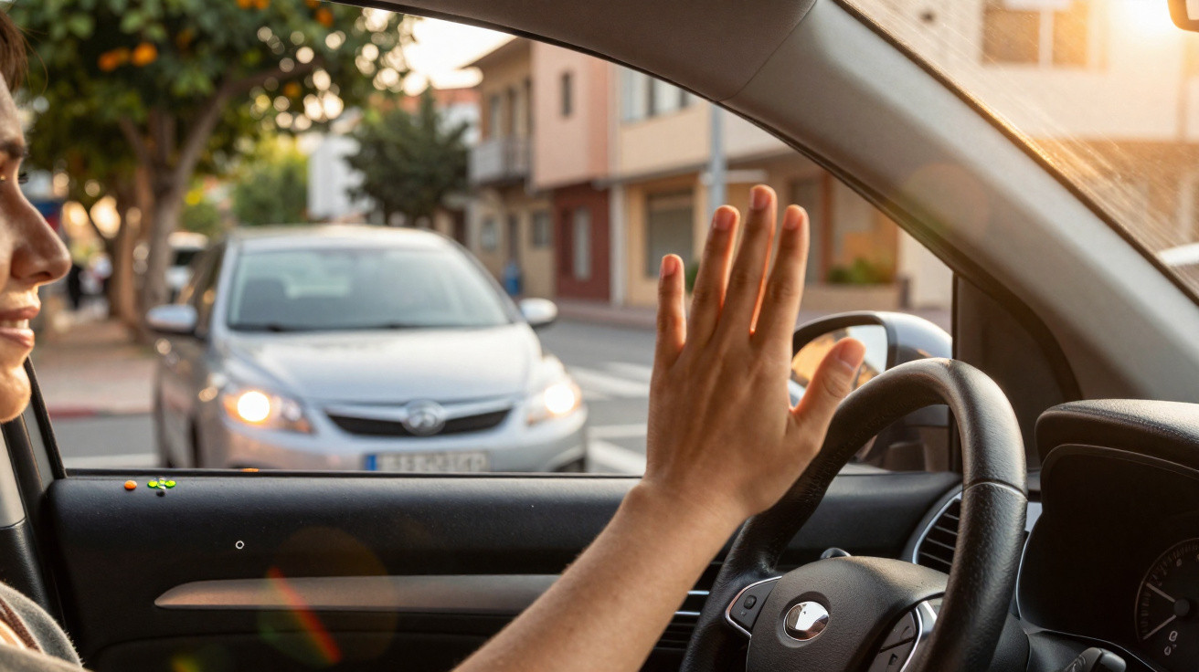 Pessoa dentro de carro acenando com a mão para um veículo branco que está atrás na rua.