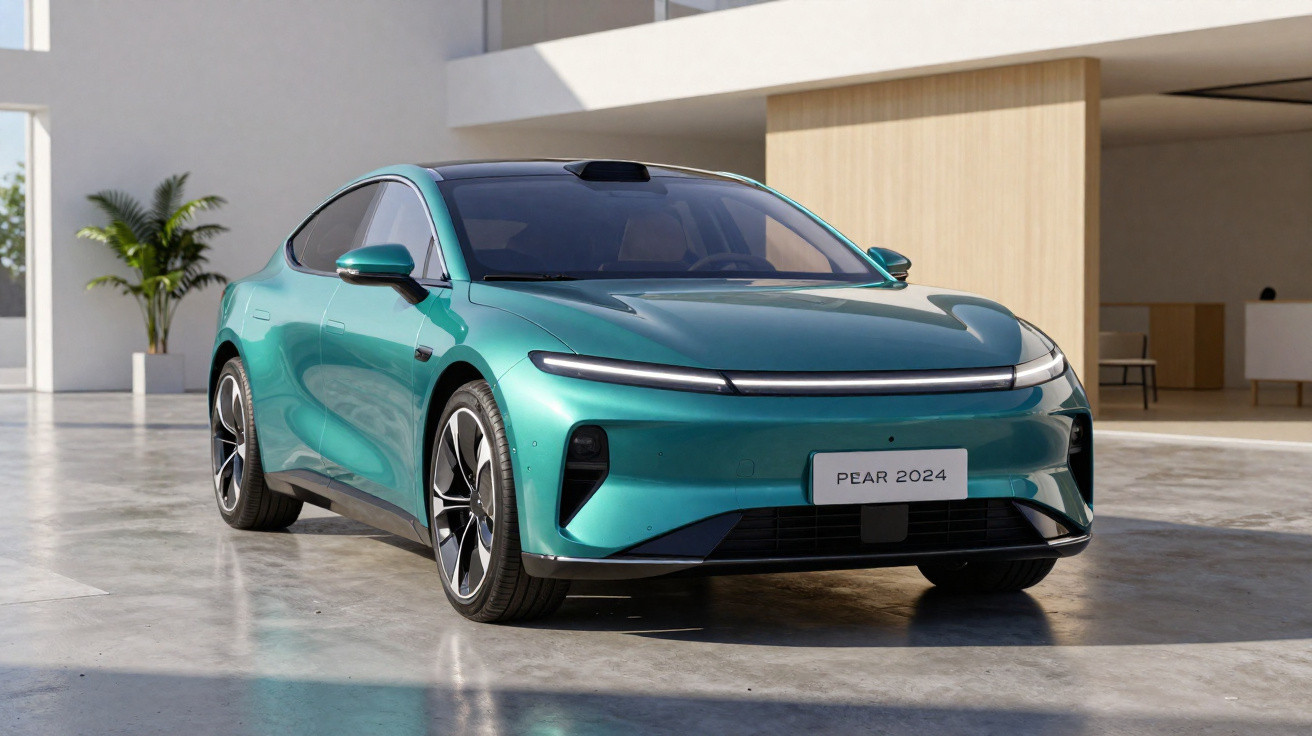 Carro sedã elétrico verde estacionado em garagem com parede branca e planta ao fundo.