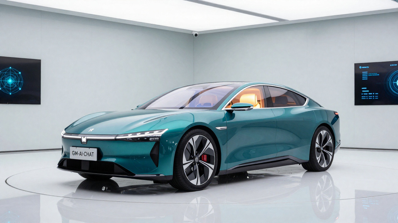 Carro elétrico esportivo verde apresentado em sala moderna com telas digitais nas paredes.