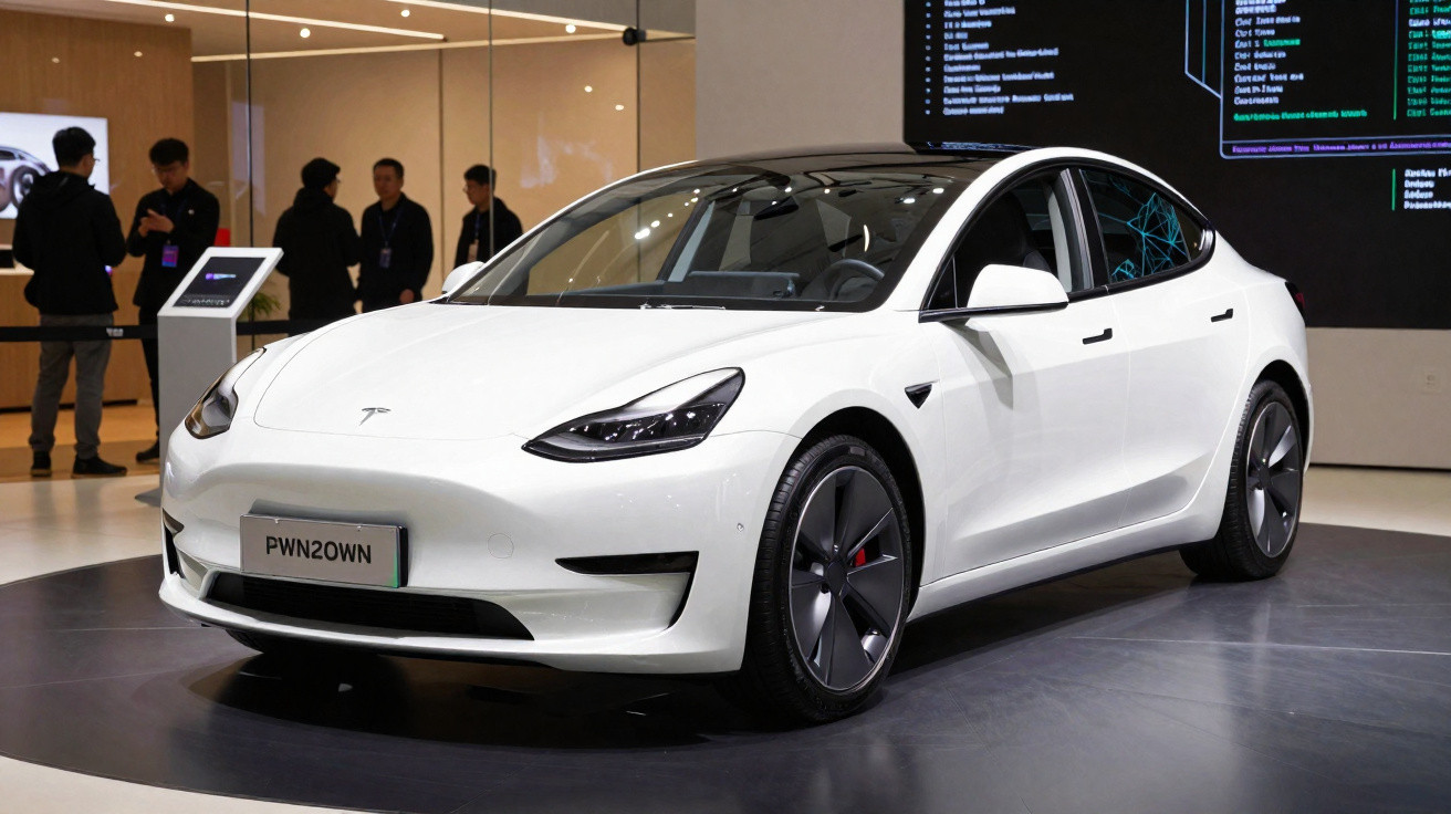Carro elétrico Tesla Model 3 branco exposto em salão de automóveis com pessoas ao fundo.