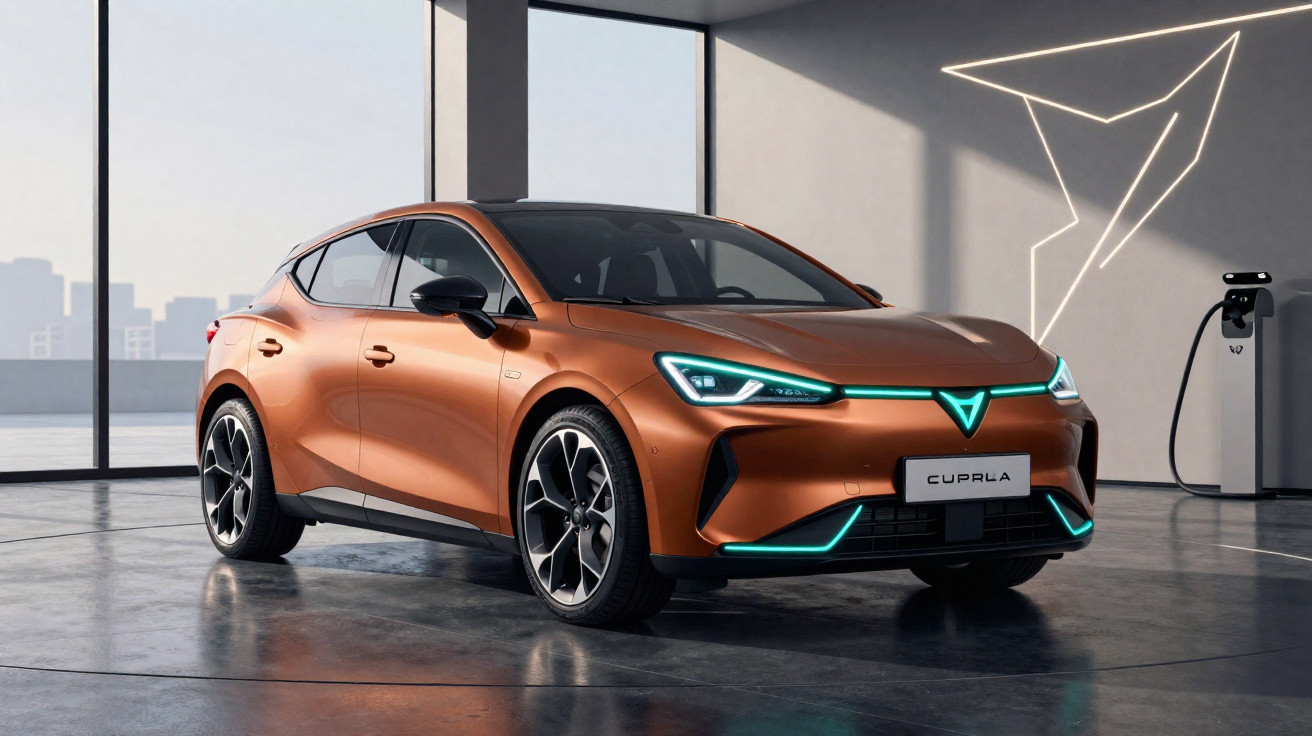 Carro elétrico Cupra em cor cobre com luzes de LED azuis estacionado em garagem moderna.