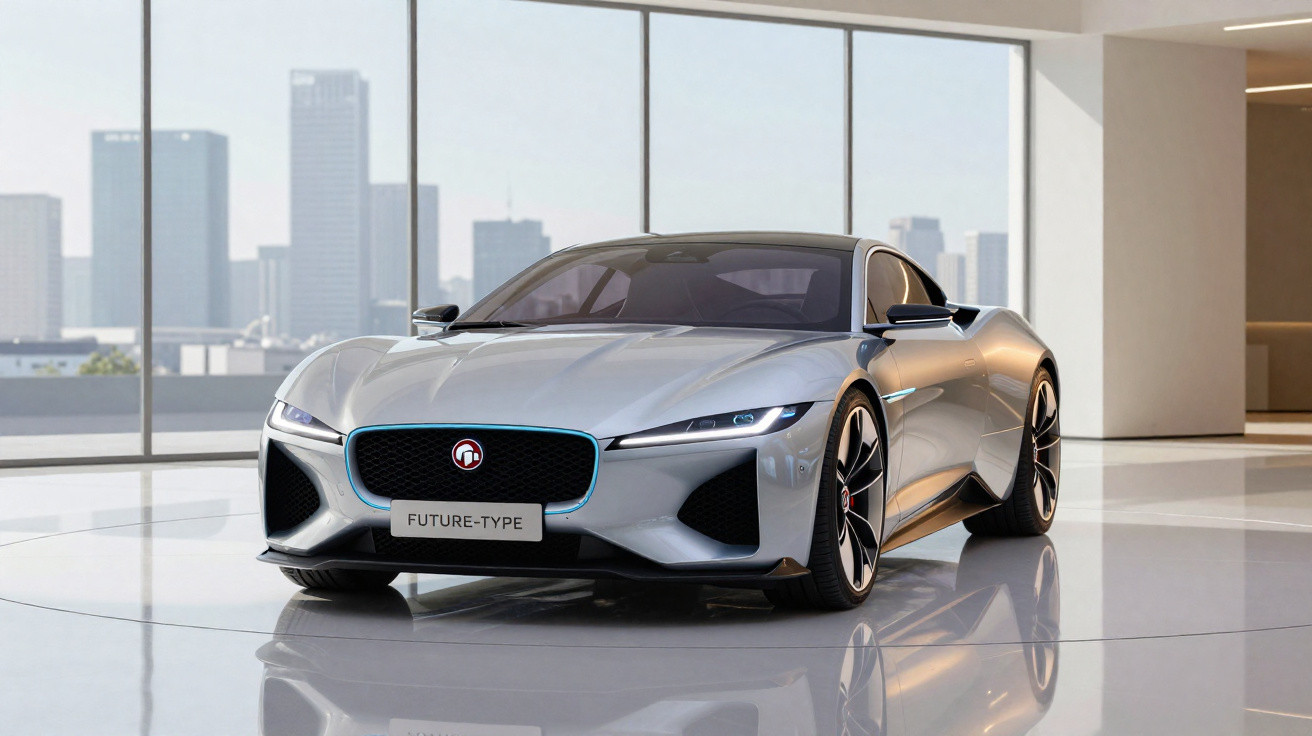 Carro esportivo futurista prateado estacionado em ambiente interno com janelas grandes e cidade ao fundo.