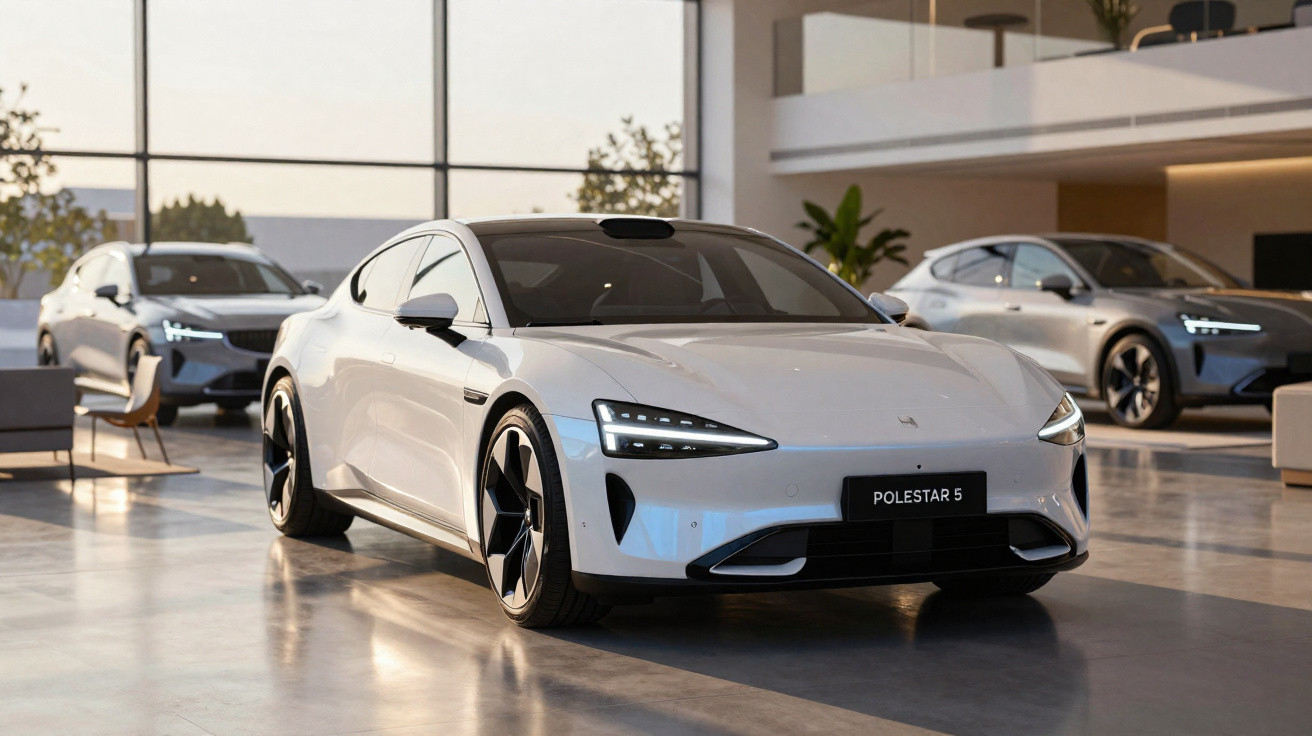 Carro elétrico Polestar 5 branco dentro de showroom moderno com outros veículos ao fundo.