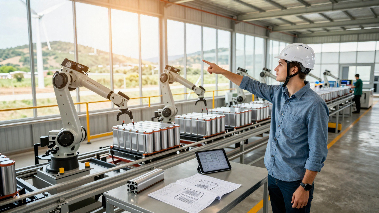 Homem com capacete inspeciona linha de produção automatizada com robôs industriais em fábrica moderna.