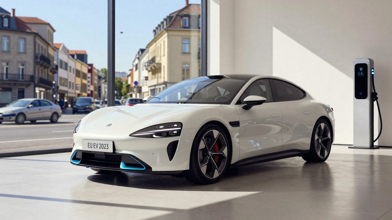 Carro elétrico branco moderno estacionado em garagem com estação de recarga, ao lado de janela com vista urbana.