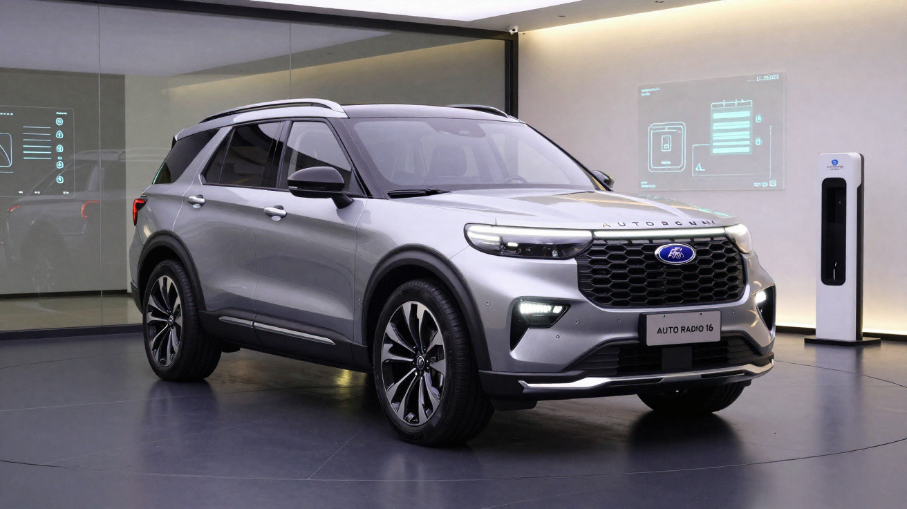 SUV Ford Autobot prata em exposição interna com carregador elétrico ao fundo.