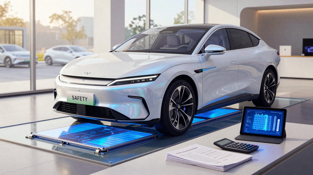 Carro elétrico branco futurista exposto em showroom moderno com tablet, calculadora e documentos ao lado.