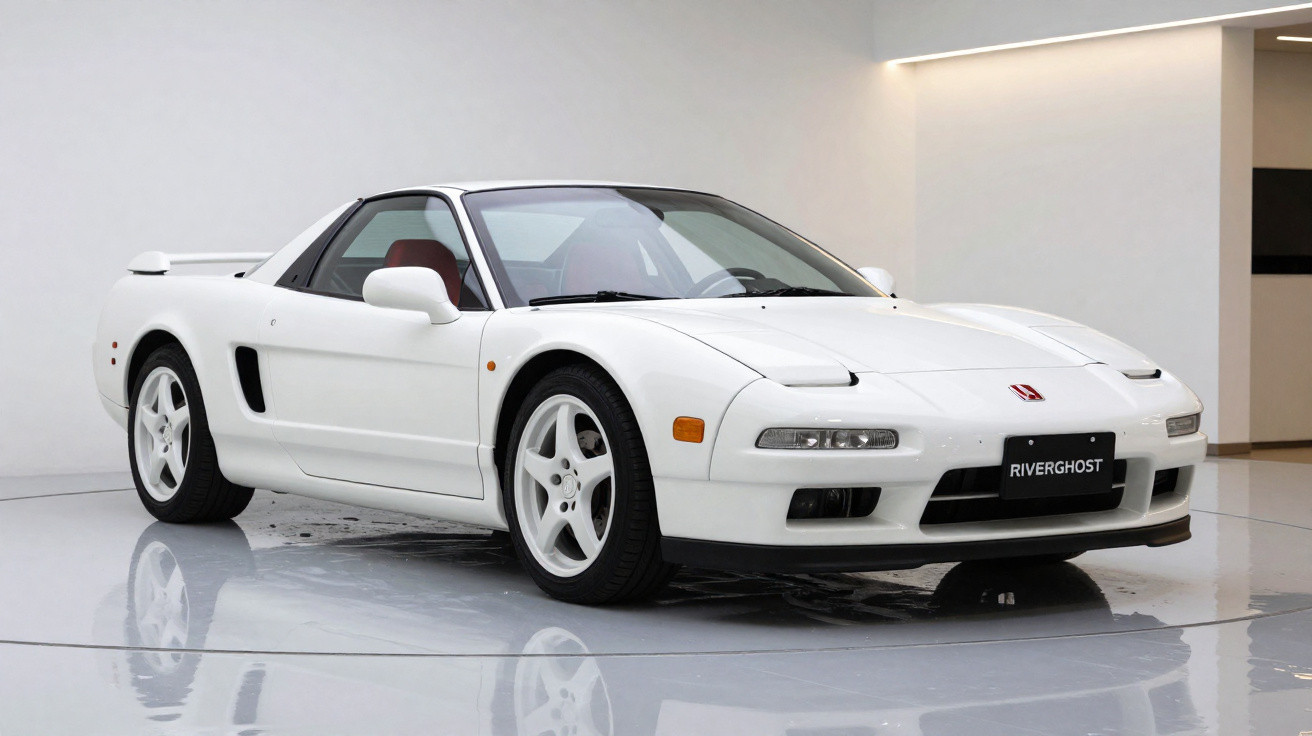 Carro esportivo branco Honda NSX estacionado em ambiente interno com piso refletivo.