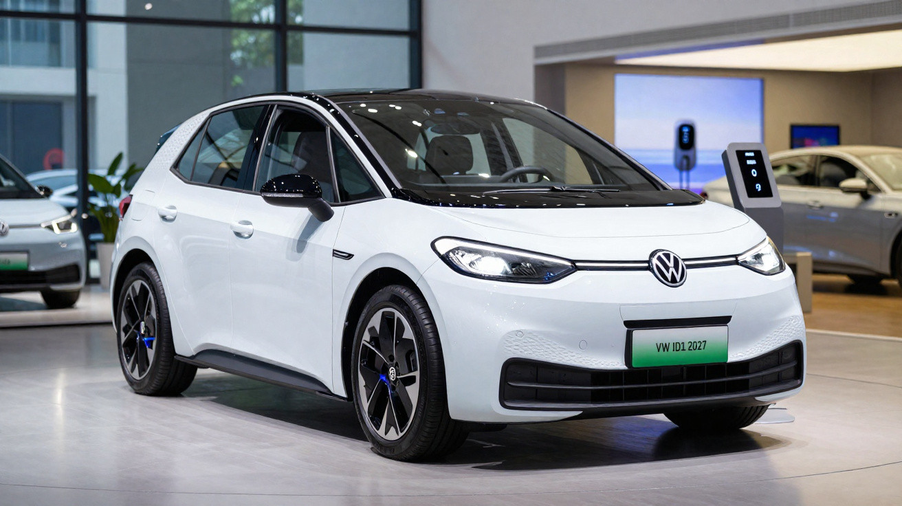 Carro elétrico branco Volkswagen ID.1 2027 exibido em showroom moderno.