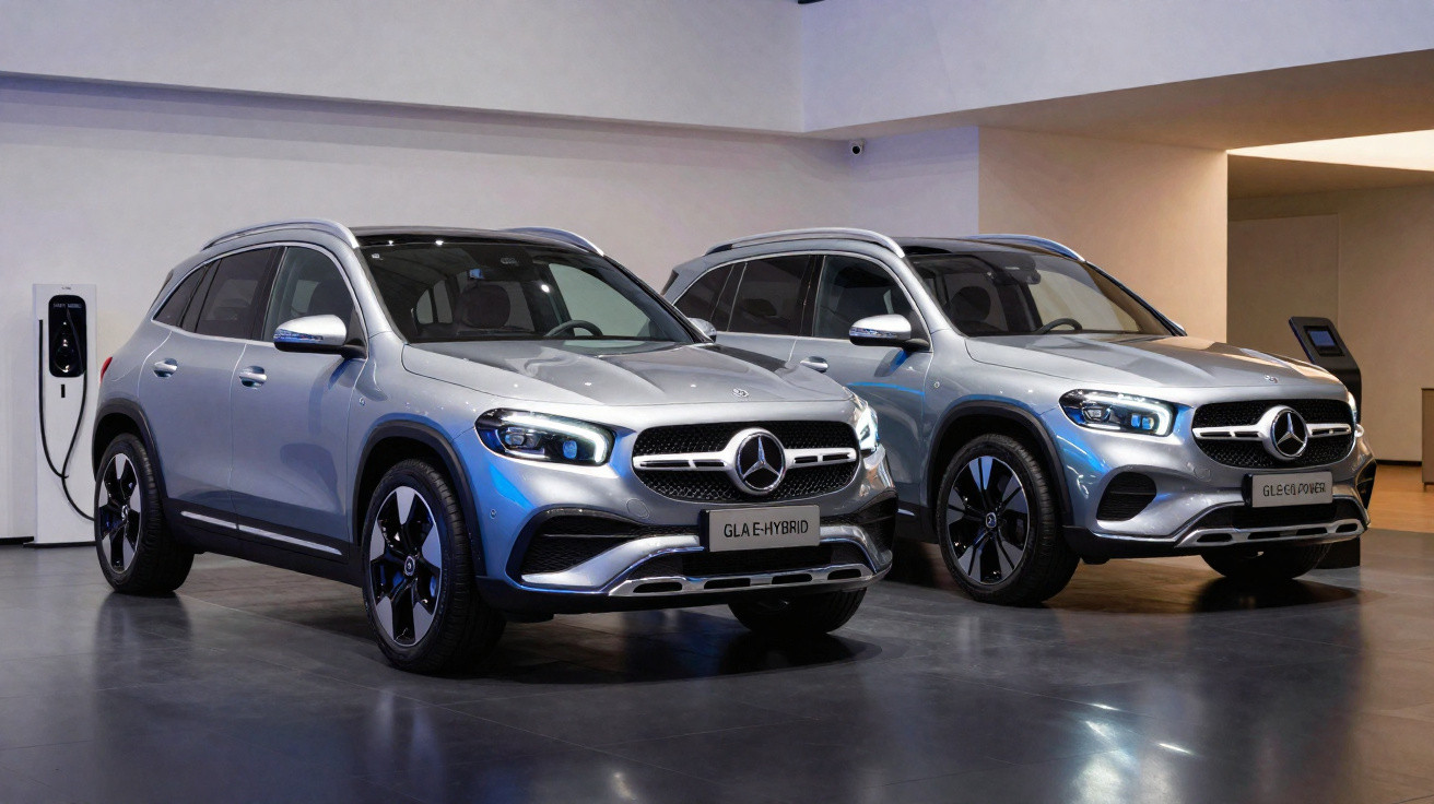 Dois carros SUV Mercedes-Benz prata em showroom, um modelo híbrido e outro elétrico, com carregadores ao fundo.