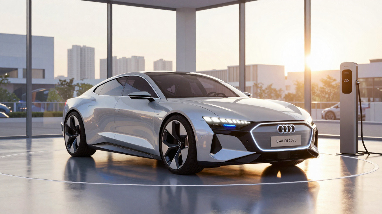 Carro elétrico Audi E-Audi 2025 prateado estacionado próximo a carregador em ambiente moderno e iluminado.
