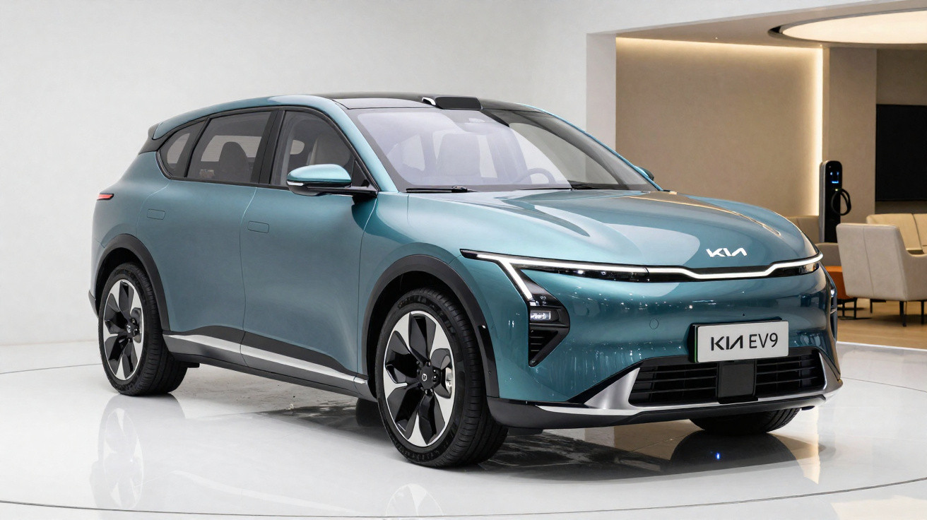 Carro elétrico Kia EV9 azul exibido em ambiente interno moderno, com design futurista e rodas grandes.