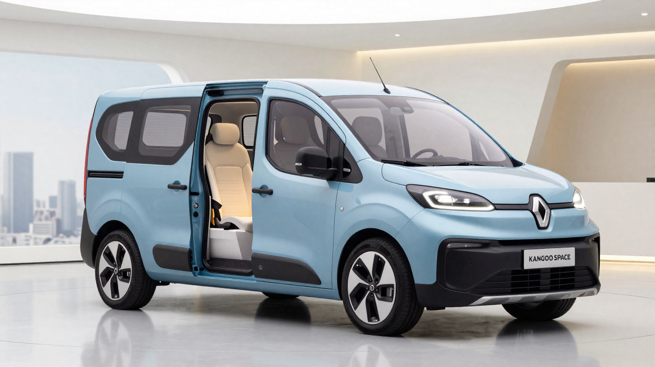 Van elétrica Renault Kangoo Space azul claro com porta lateral aberta e interior bege em ambiente moderno.