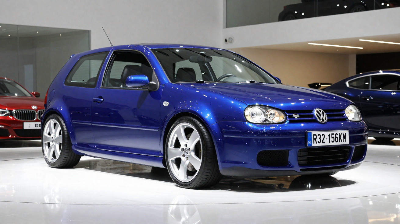 Carro Volkswagen Golf R32 azul estacionado em ambiente interno de exposição automotiva.