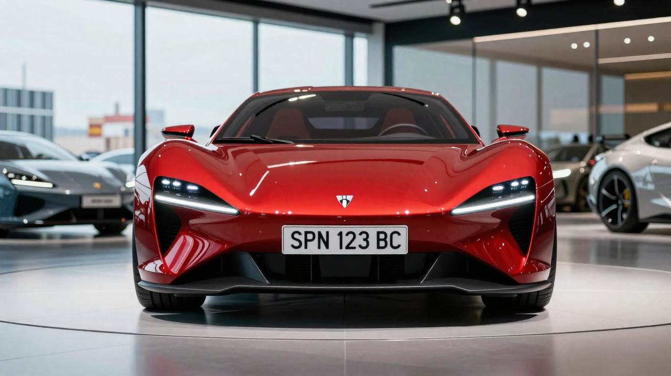 Carro esportivo vermelho com design futurista em exposição interna de showroom.