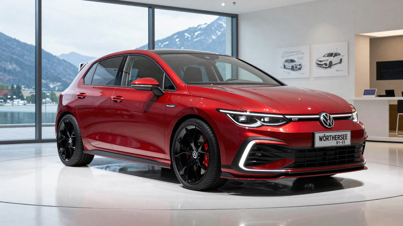 Carro hatchback Volkswagen Golf GTI vermelho exposto em showroom com fundo de montanhas e janela grande.