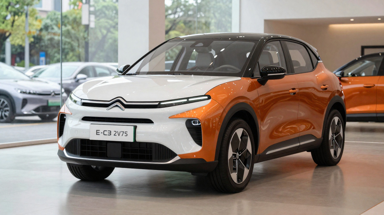 Carro elétrico Citroën E-C3 2V75 branco com detalhes laranja em showroom moderno.