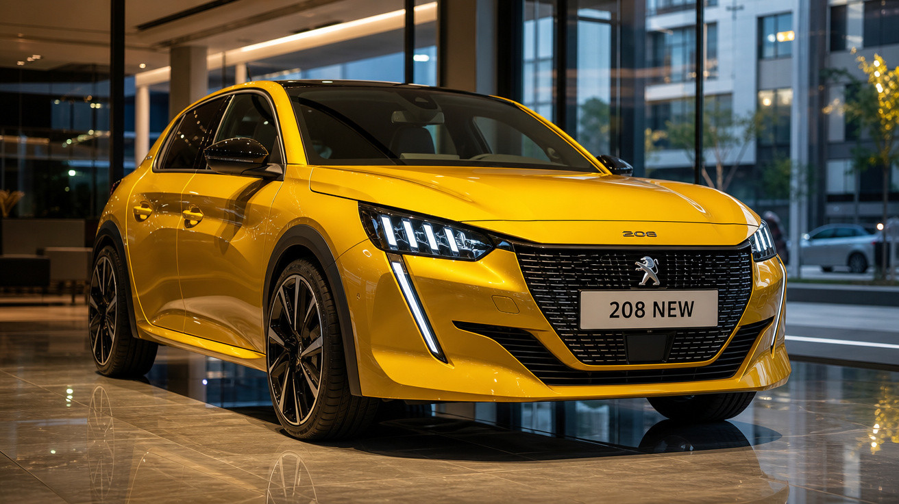 Carro amarelo Peugeot 208 novo em showroom com iluminação interna e refletindo no piso brilhante.
