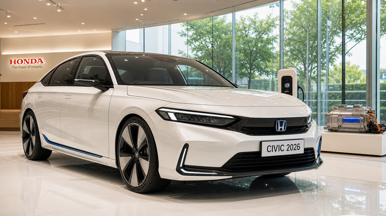Carro elétrico Honda Civic 2026 branco exibido em showroom moderno com janelas amplas e carregador ao fundo.