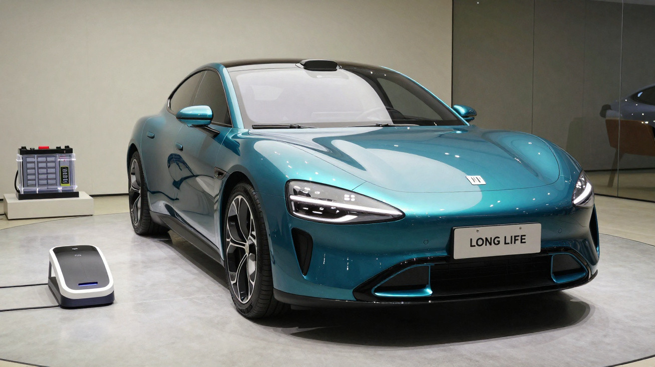 Carro elétrico azul exibido em estande, com carregador conectado e bateria ao fundo.