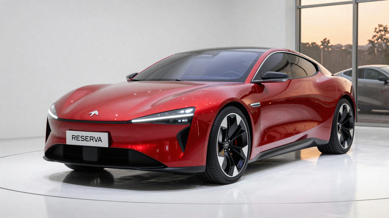 Carro esportivo elétrico vermelho brilhante exibido em ambiente interno com placa de reserva.