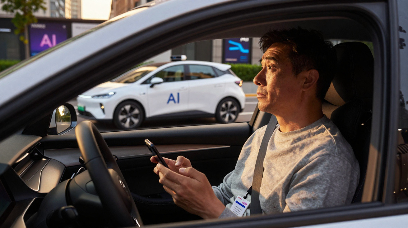 Homem em carro usando celular, veículo branco com logo "AI" passa pela rua ao fundo.