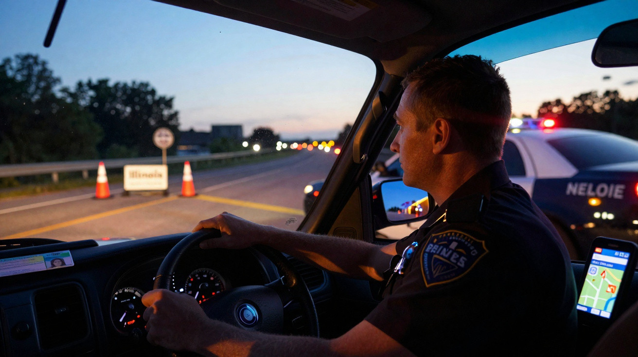 Policial dirigindo veículo à noite em bloqueio de estrada com cones e viatura policial ao fundo.
