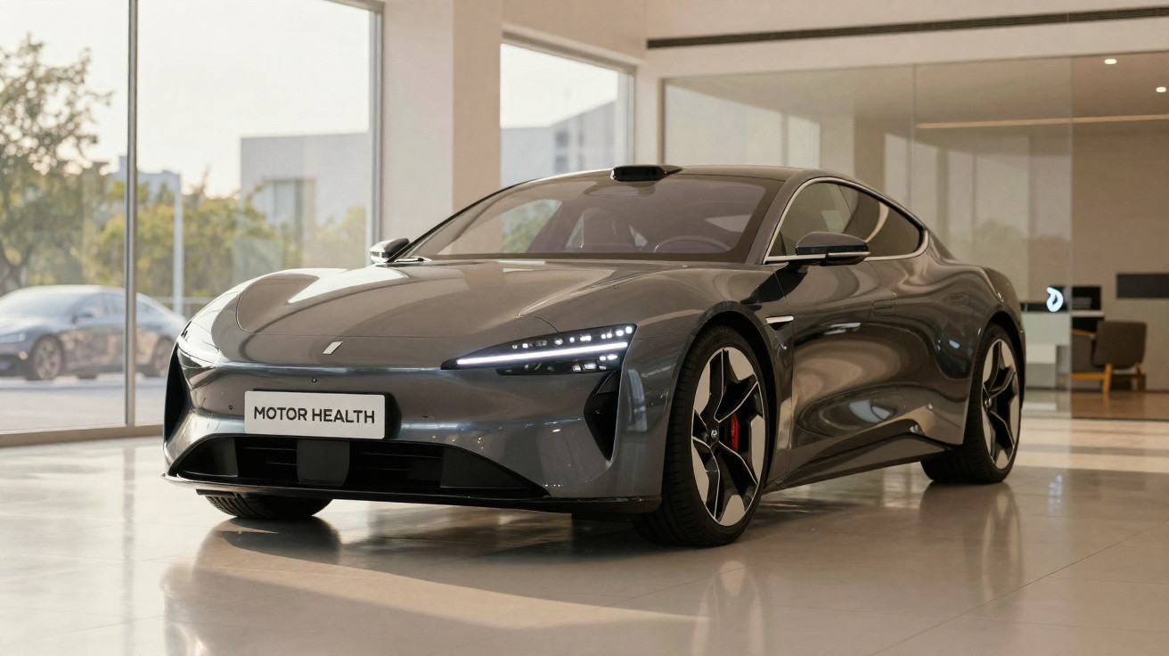 Carro esportivo cinza metálico exibido em showroom moderno com iluminação natural.