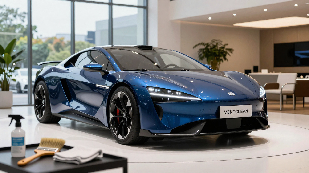 Carro esportivo azul metálico em showroom moderno com detalhes de limpeza ao lado.