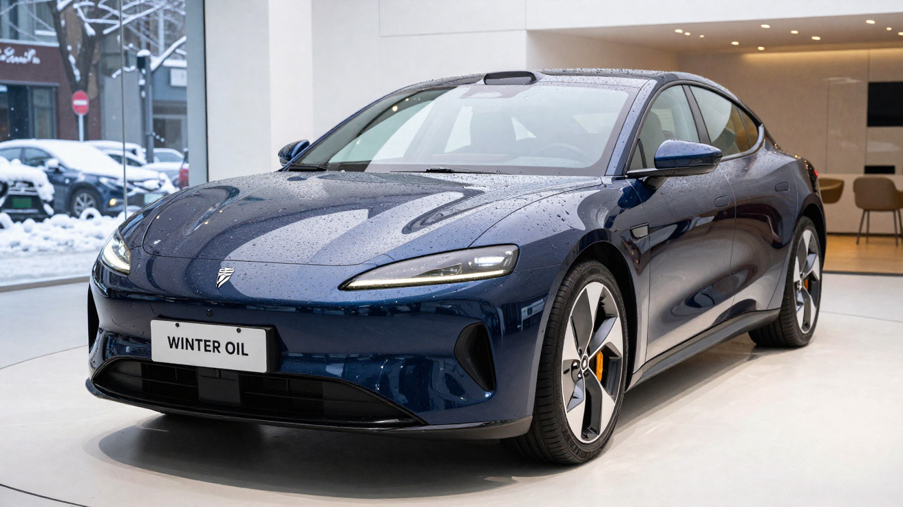 Carro elétrico azul escuro com placas Winter Oil em exposição interna, gotas de água na lataria.