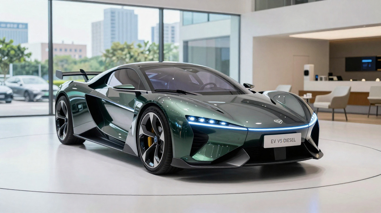 Carro esportivo elétrico verde com faróis em LED exposto em showroom moderno.